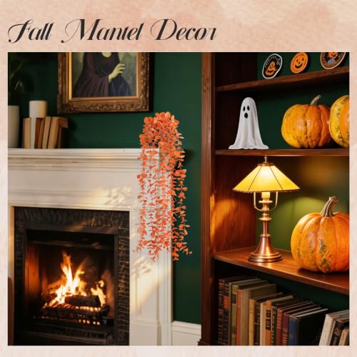 1Pcs Fake Fall Plants Hanging Orange Artificial Potted Faux Eucalyptus Plant Decorations for Fall Thanksgiving Bathroom Table Centerpiece Wall Kitchen Room Decor Indoor and Outdoor (Orange)