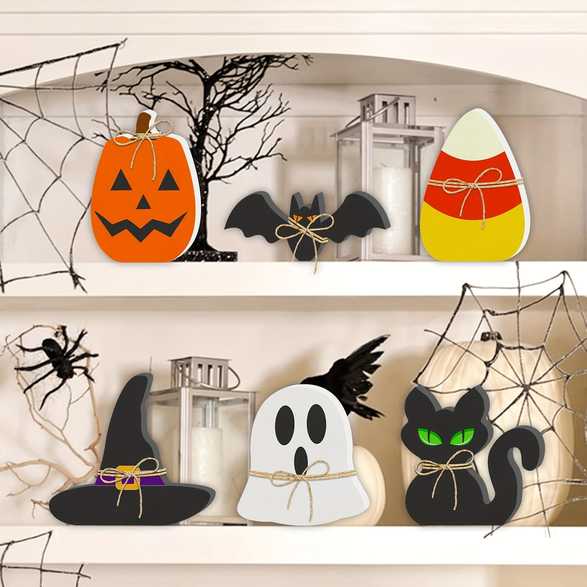 Six-Piece Halloween Freestanding Table Sign Set with Pumpkin, Ghost, Bat, Black Cat, Witch Hat and Candy Corn