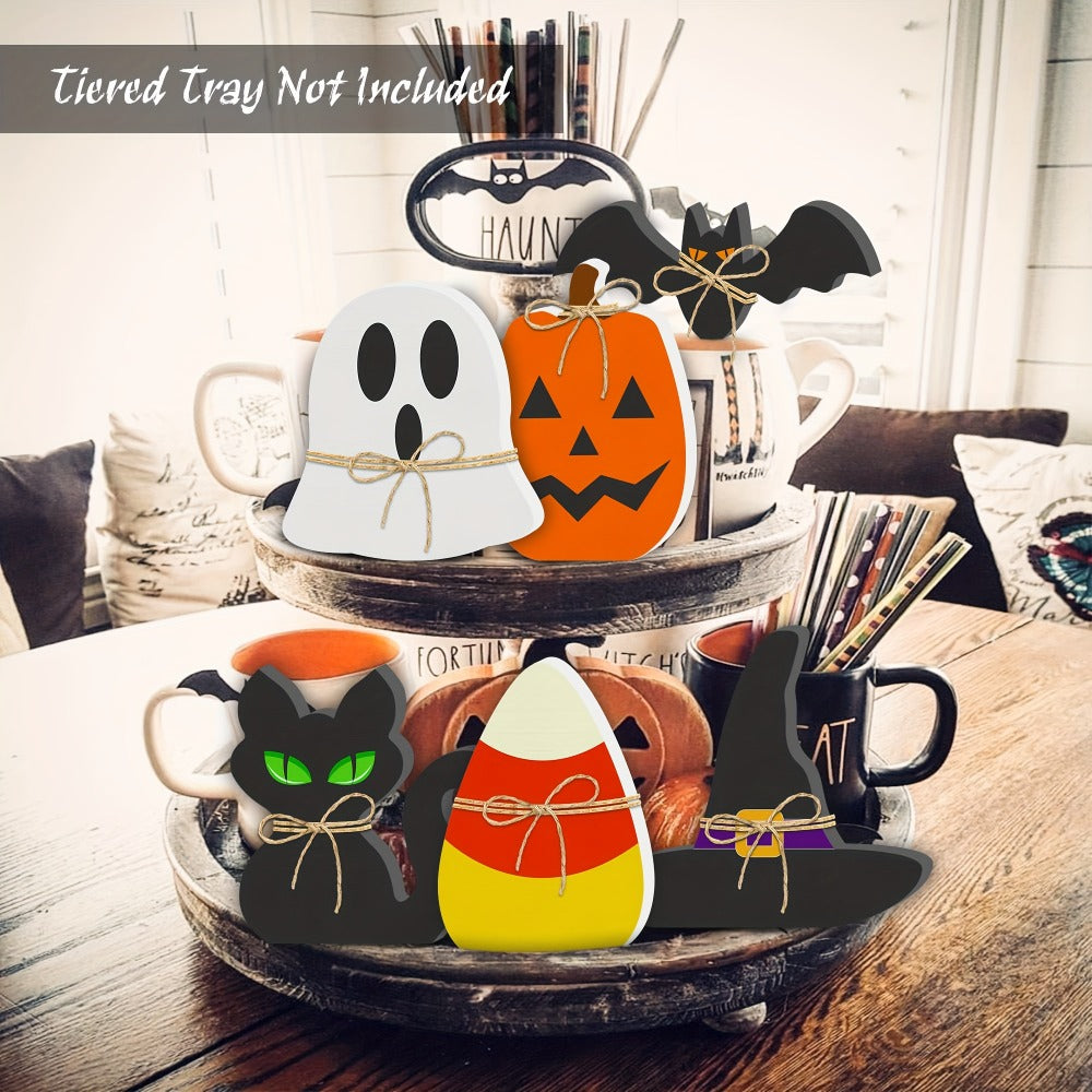 Six-Piece Halloween Freestanding Table Sign Set with Pumpkin, Ghost, Bat, Black Cat, Witch Hat and Candy Corn