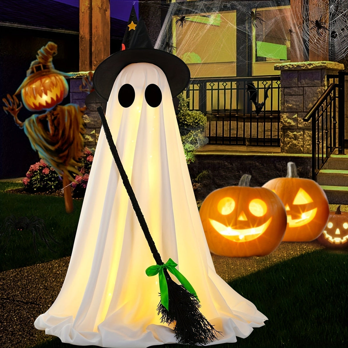 Halloween Ghost with Broom Outdoor Decoration – Eerie Spooky Ghost Ornament for Porch, Yard, Garden & Lawn, Indoor & Outdoor Halloween Party Decor